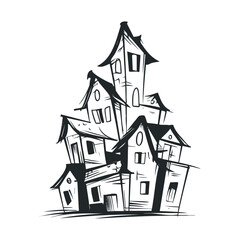  Crooked sketch of a wildly unstable spooky building.