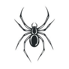 Simple black graphic of a spider with menacing curved legs.