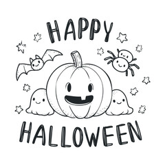 Cute cartoon pumpkin, ghosts, bat, and spider with text.