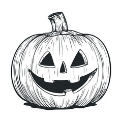 Black and white line drawing of a carved, smiling pumpkin.