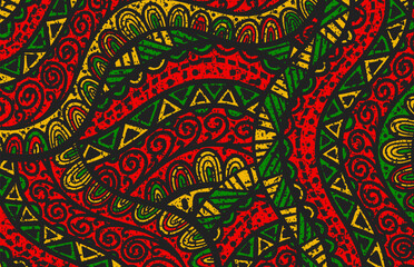 Seamless african pattern. Ethnic and tribal motifs. Orange, red, yellow, and black colors. Grunge texture. Vintage print for textiles. Bohemian hand drawn ornament.