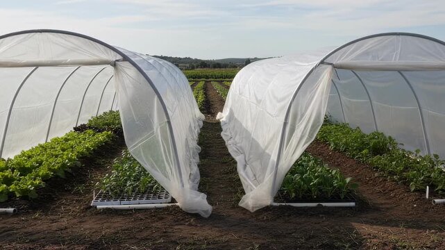 Medium view of PVC and polyethylene nursery tunnels side by side sheltering diverse vegetable crops in early development phases.