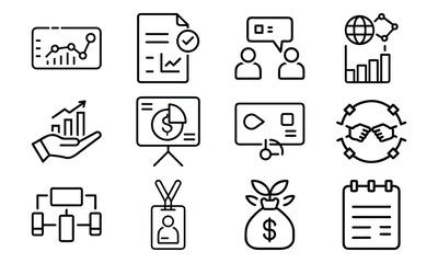 Business Line Icons Collection – Finance, Communication, Analytics, Growth, Partnership, Planning, Certification, Money Investment, and Office Management Vector Set