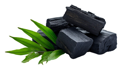 A close up of charcoal pieces with green leaves on a black background in a studio setting
