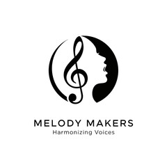 Black and white logo for Melody Makers featuring a treble clef and a woman's profile silhouette within a circle.