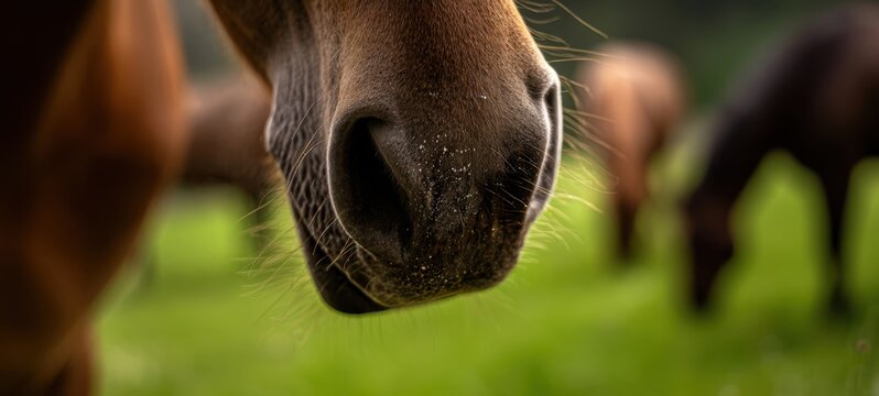 The Horse Muzzle Closeup Showing Nostrils Whiskers and a Blurred Pasture Herd Behind