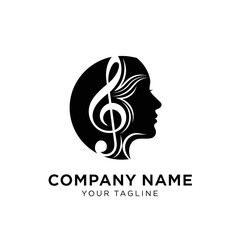 A creative logo design featuring a treble clef combined with a woman's singing profile in negative space within a black circle.