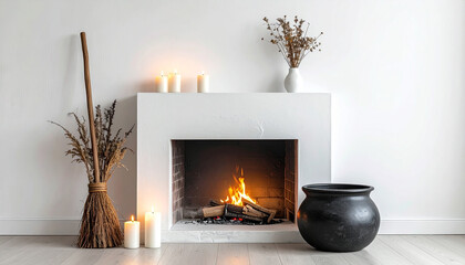 bright minimalist living room with white walls, pumpkins and black candles on mantle