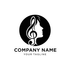 Fototapeta premium Elegant black and white logo featuring a woman's profile integrated with a treble clef, symbolizing music and beauty.