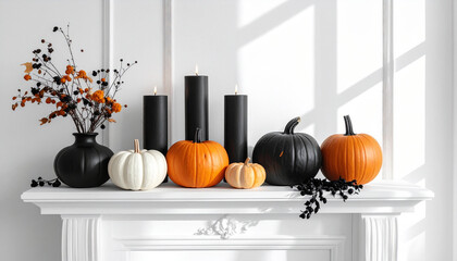 bright minimalist living room with white walls, pumpkins and black candles on mantle