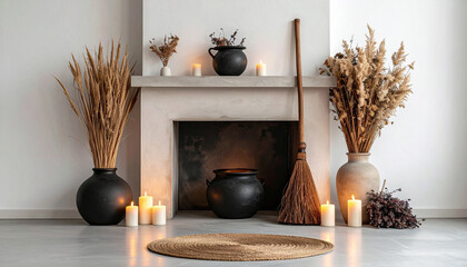 bright minimalist living room with white walls, pumpkins and black candles on mantle
