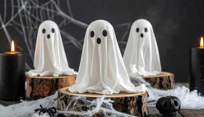 cute halloween ghost figurines made of white cloth, floating on wooden stands