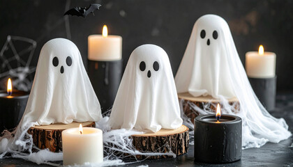 cute halloween ghost figurines made of white cloth, floating on wooden stands