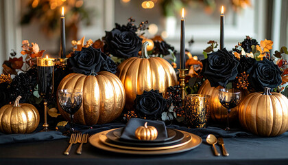elegant halloween banquet table, gold and black theme, pumpkins painted in metallic