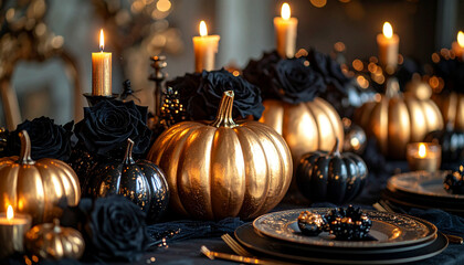 elegant halloween banquet table, gold and black theme, pumpkins painted in metallic