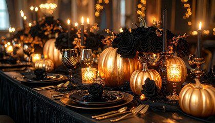 elegant halloween banquet table, gold and black theme, pumpkins painted in metallic