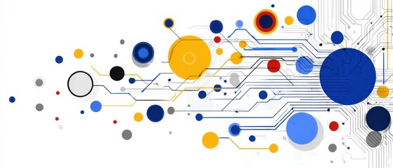 Abstract circuit design with colorful circles and lines