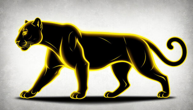 A black panther is depicted in profile with a glowing neon yellow outline, walking against a textured gray background.