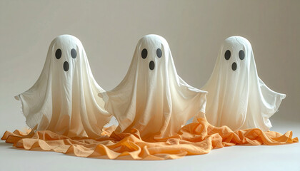 handmade halloween ghosts with floating cloth texture, spooky yet cute, minimal home