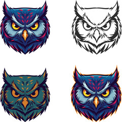 Owl icon set, brightly colored owl icon, owl head icons in four variations.