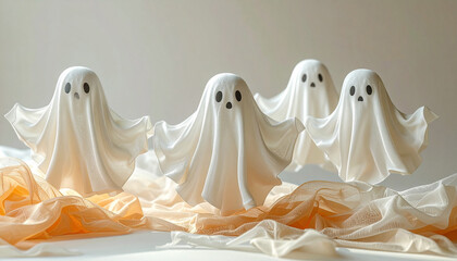 handmade halloween ghosts with floating cloth texture, spooky yet cute, minimal home