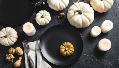 modern halloween dinner table, black matte plates, simple pumpkins, white candles