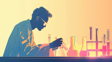 Illustration of a scientist conducting experiment in laboratory with flasks and test tubes