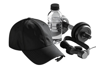  Sporty Black Baseball Cap with Curved Visor Surrounded by Fitness Gear