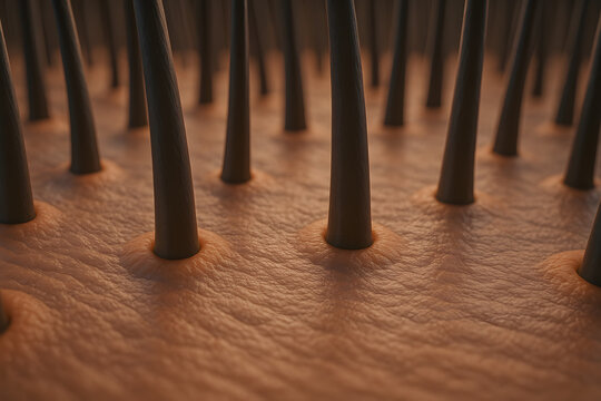 Human scalp hair follicles, macro close up of hair strands emerging from textured skin, detailed dermatological visualization of hair roots and pores, hair growth cycle, scalp anatomy, follicular stru