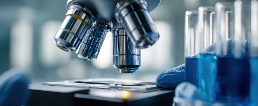 The Microscope Focused on Blue Test Tubes in a Modern Research Laboratory