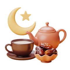Ramadan Iftar Meal With Dates Tea And Crescent Moon 3D Render 0021 graphic