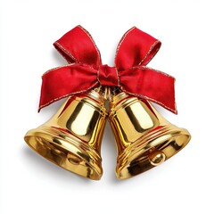 Shiny golden bells tied with red ribbon bow isolated on white background for holiday decoration