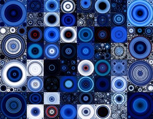 Abstract blue and white circles on squares