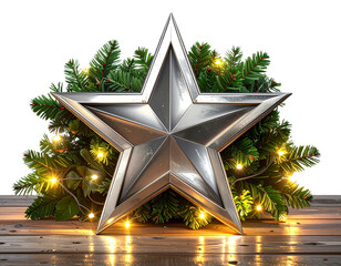 Polished Metallic Star Emblem on Rustic Wooden Surface with Festive Garland