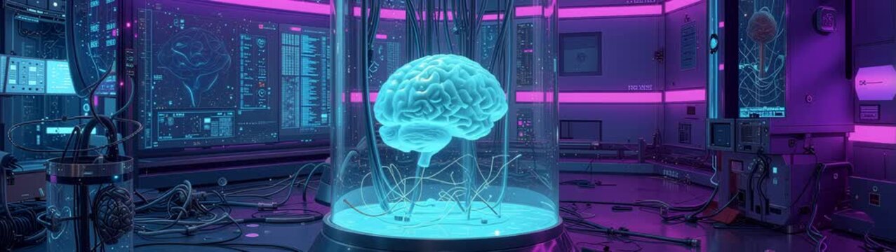 Human brain model glowing inside a high tech container with wires and screens in sci fi laboratory.
