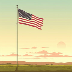 Illustrative depiction of the American flag waving proudly over a serene landscape vista
