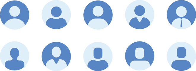 Blue user avatar icons collection in flat circle style. Minimal profile picture placeholders for social media, apps, and websites. Simple people symbols for digital identity and UI design.