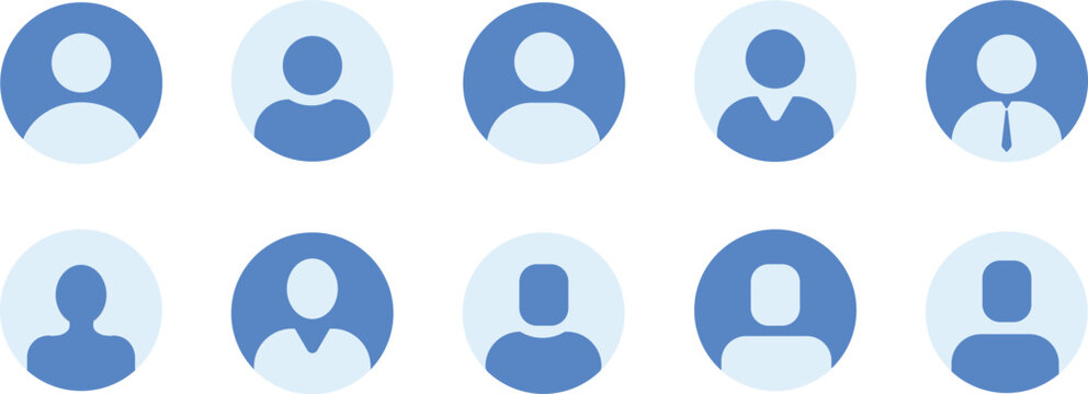 Blue user avatar icons collection in flat circle style. Minimal profile picture placeholders for social media, apps, and websites. Simple people symbols for digital identity and UI design.