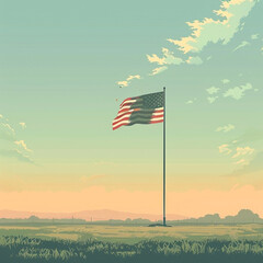 A serene depiction of the American flag waving gently against a calming landscape