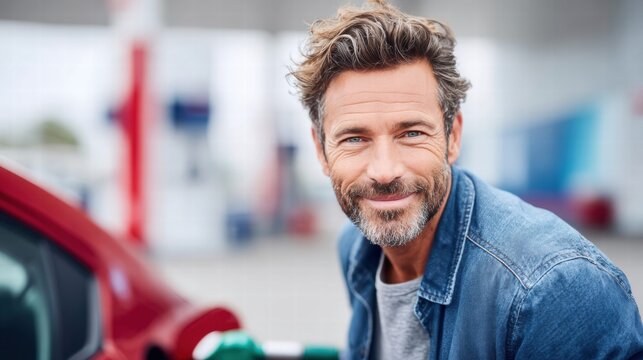 Happy man refueling his red car with gasoline at a gas station during the day. - Powered by Adobe
