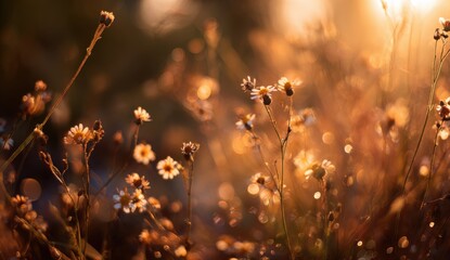 Golden wildflowers bathed in sunlight
