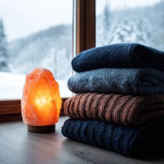 Cozy winter sweaters by a snowy window (1)
