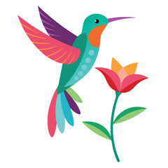 Obraz premium Colorful hummingbird in flight approaching a vibrant flower with green stem and leaves