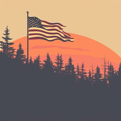 American pride displayed through a sunset silhouette of waving flag and trees landscape
