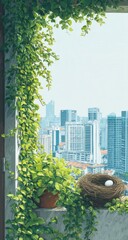 Urban oasis with greenery overlooking city