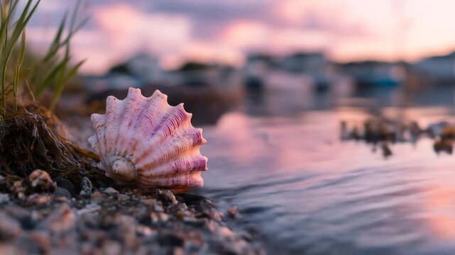 Pink seashell on shore at sunset