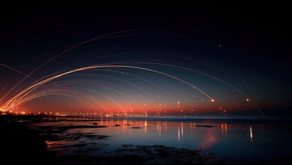 A nocturnal cityscape reflected in a calm water.  Fiery streaks of light arch across the dark sky