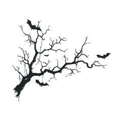 Obraz premium Silhouette of dead tree branches with flying bats.