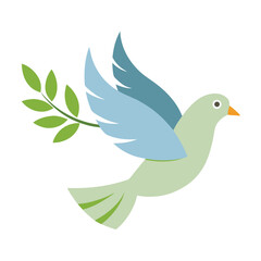 Stylized dove with olive branch flying in sky
