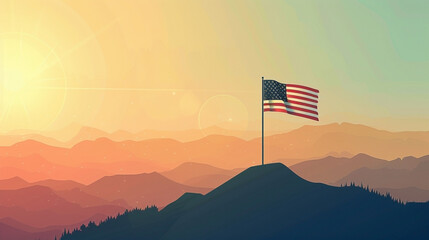 United States flag waving proudly atop a mountain peak at sunrise digital art